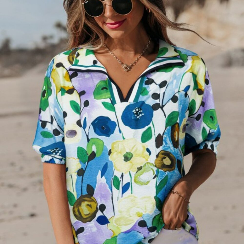 Floral Slit V-Neck Short Sleeve Blouse Light Blue